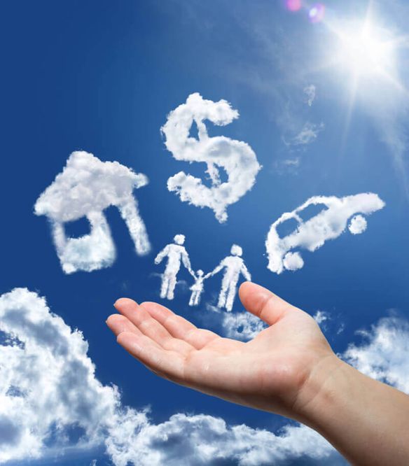 hand in front of a blue sky with coulds in the shapes of a house, dollar sign and a car